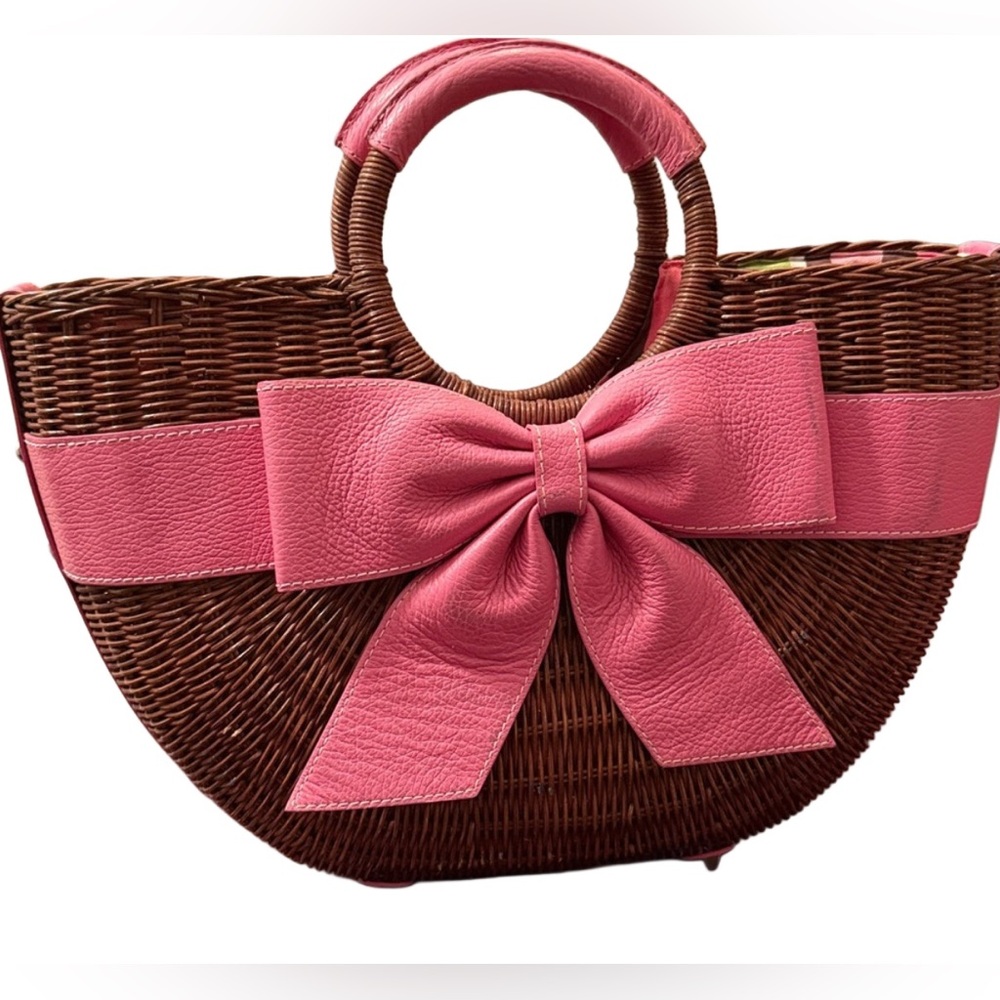 Isabella Fiore Wicker Basket Leather Pink Bow Handbag - EUC